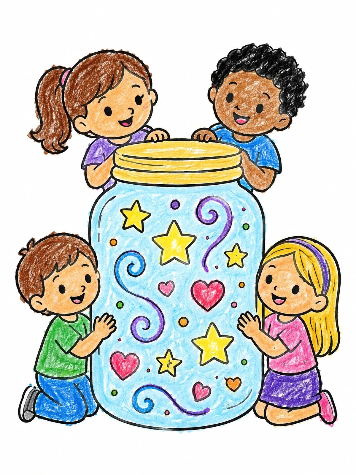Colored example of the Children Around A Calming Jar coloring page