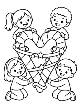 Happy children surround a festive candy cane heart coloring page decorated with stars.
