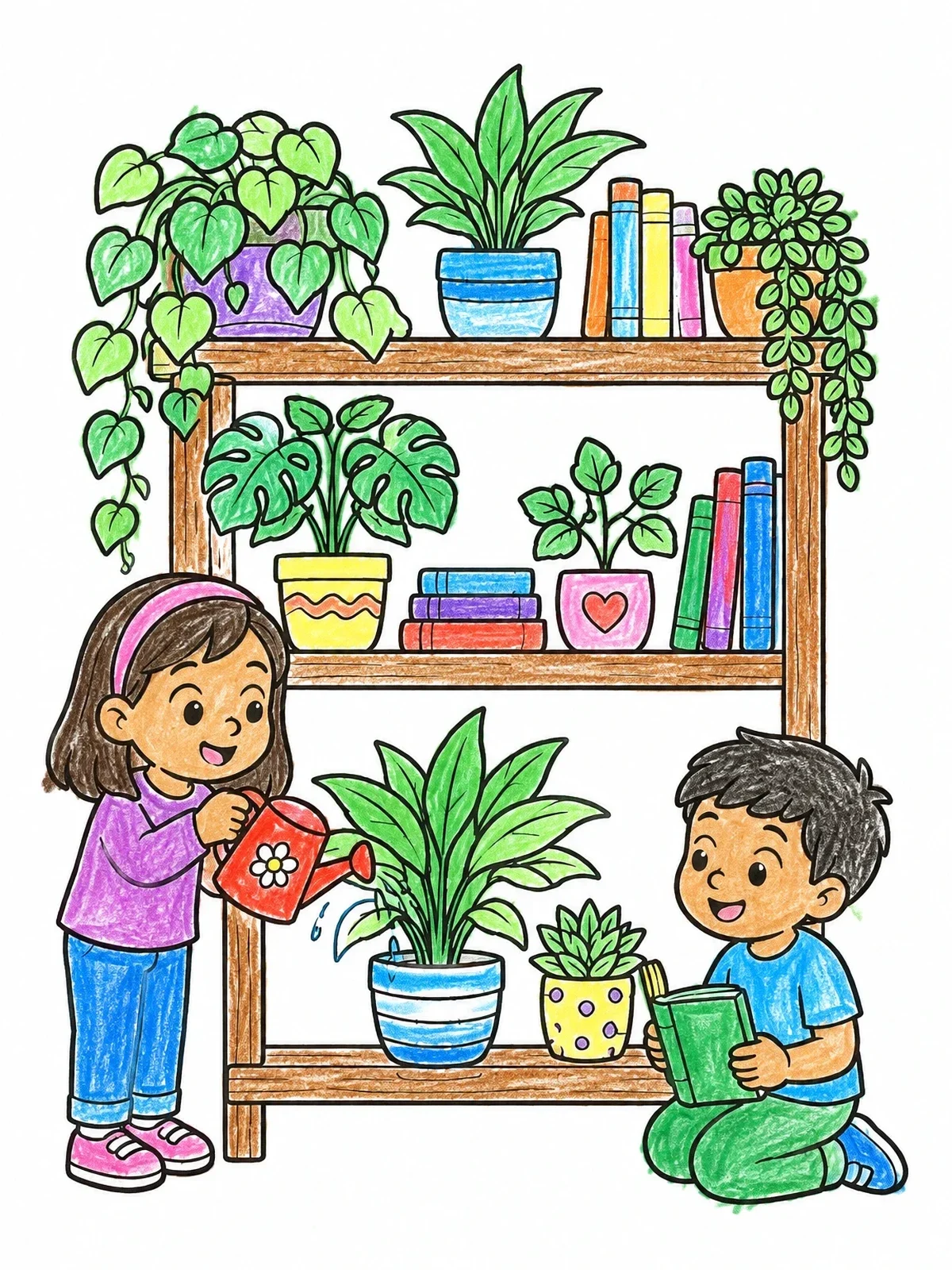 Colored example of the Children Caring For Houseplants On Shelves coloring page