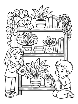 Free printable Children Caring For Houseplants On Shelves coloring page
