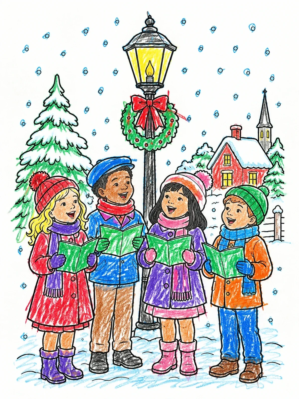 Colored example of the Children Caroling By Streetlamp coloring page