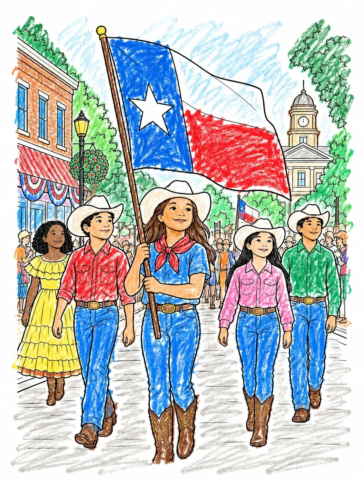 Colored example of the Children Carrying The Texas Flag coloring page