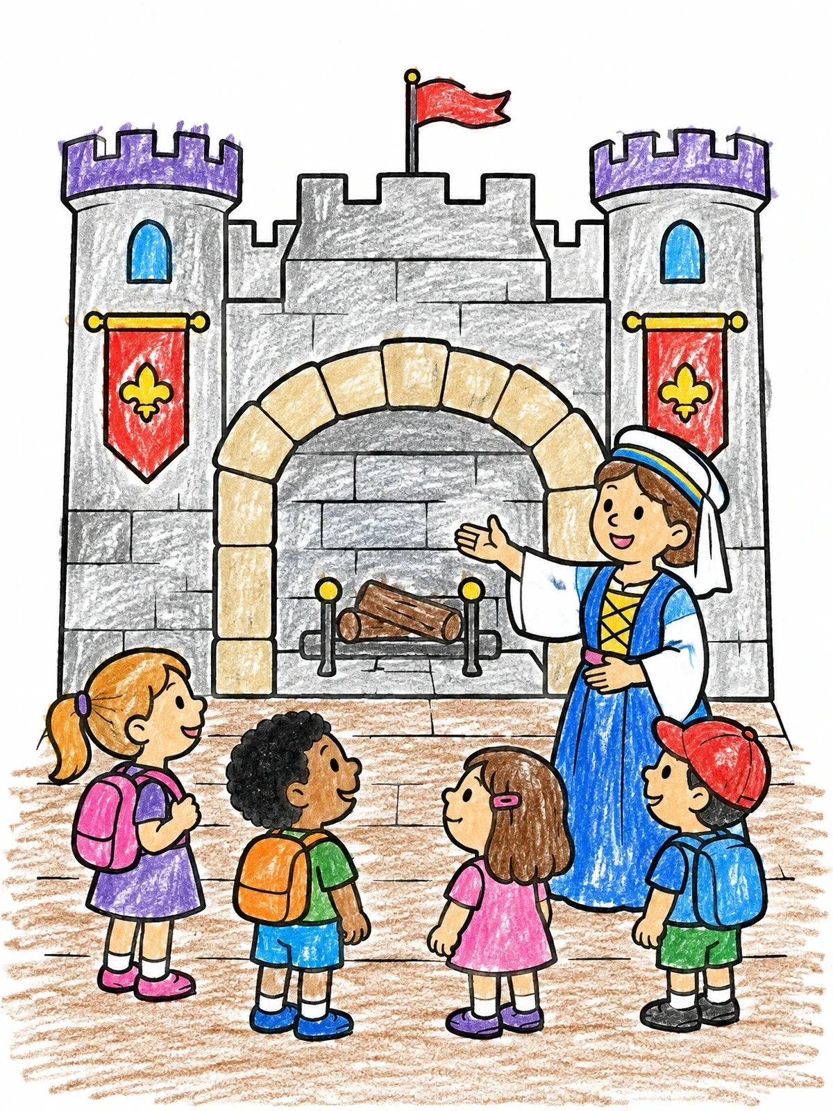 Colored example of the Children On A Castle Tour coloring page