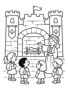 A friendly guide shows children a large hearth in this castle coloring page.