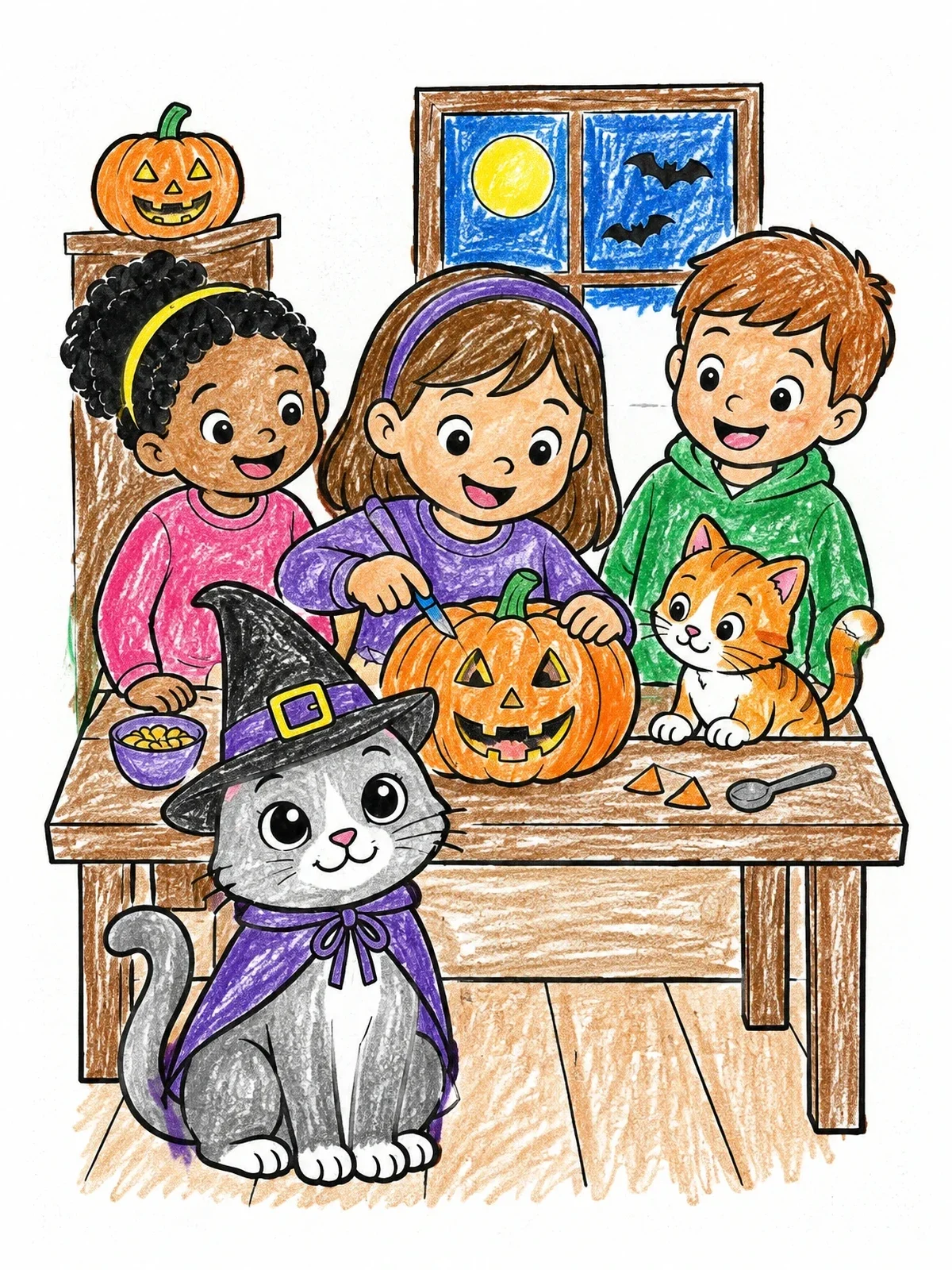 Colored example of the Children And Cats Carving A Halloween Pumpkin coloring page