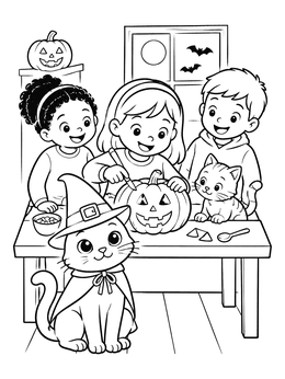 Children carving a jack-o-lantern on this halloween cat coloring page with cute kittens.