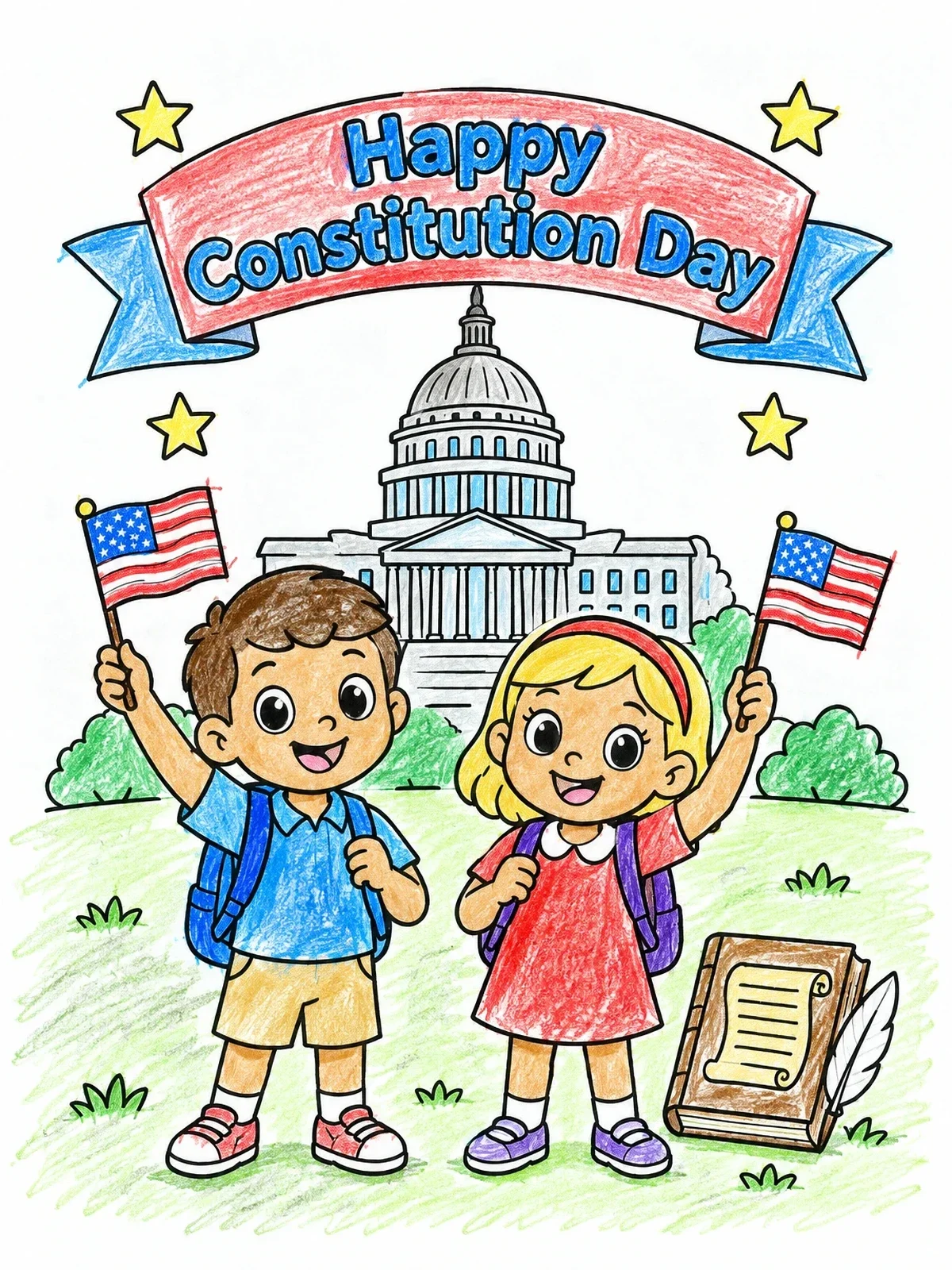 Colored example of the Children Celebrating Constitution Day coloring page