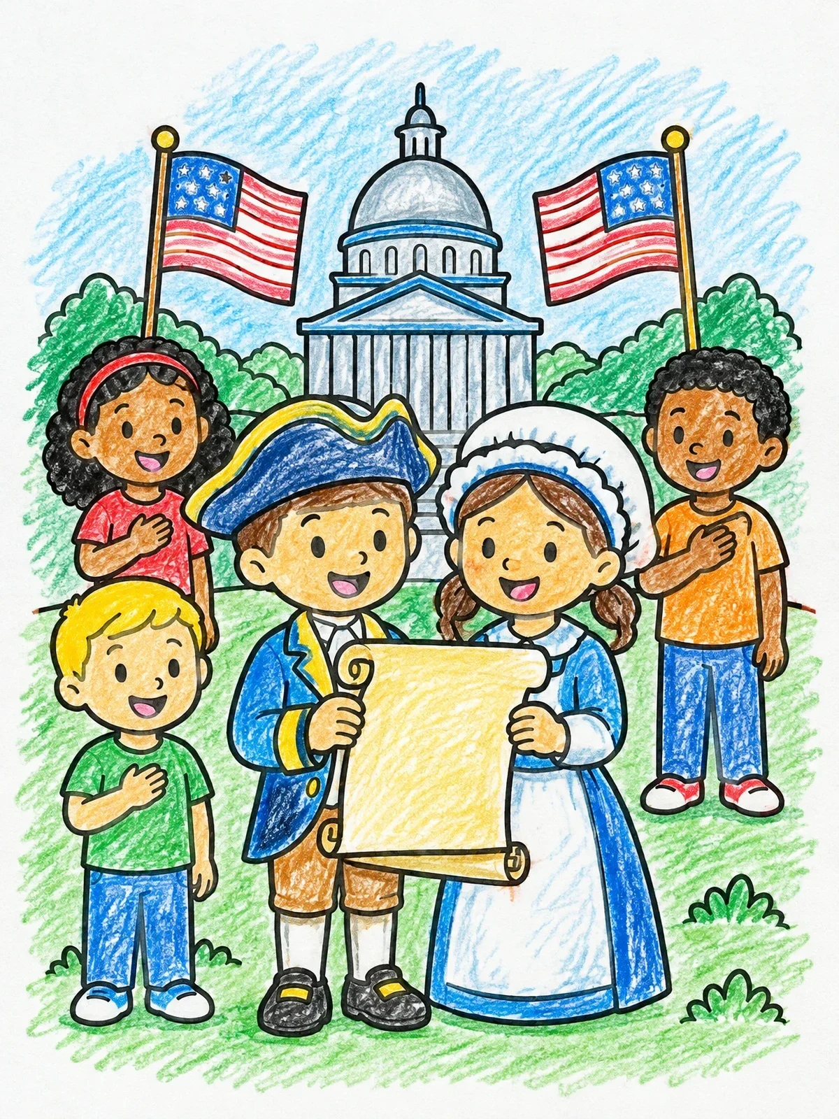 Colored example of the Children Celebrating Constitution Day coloring page