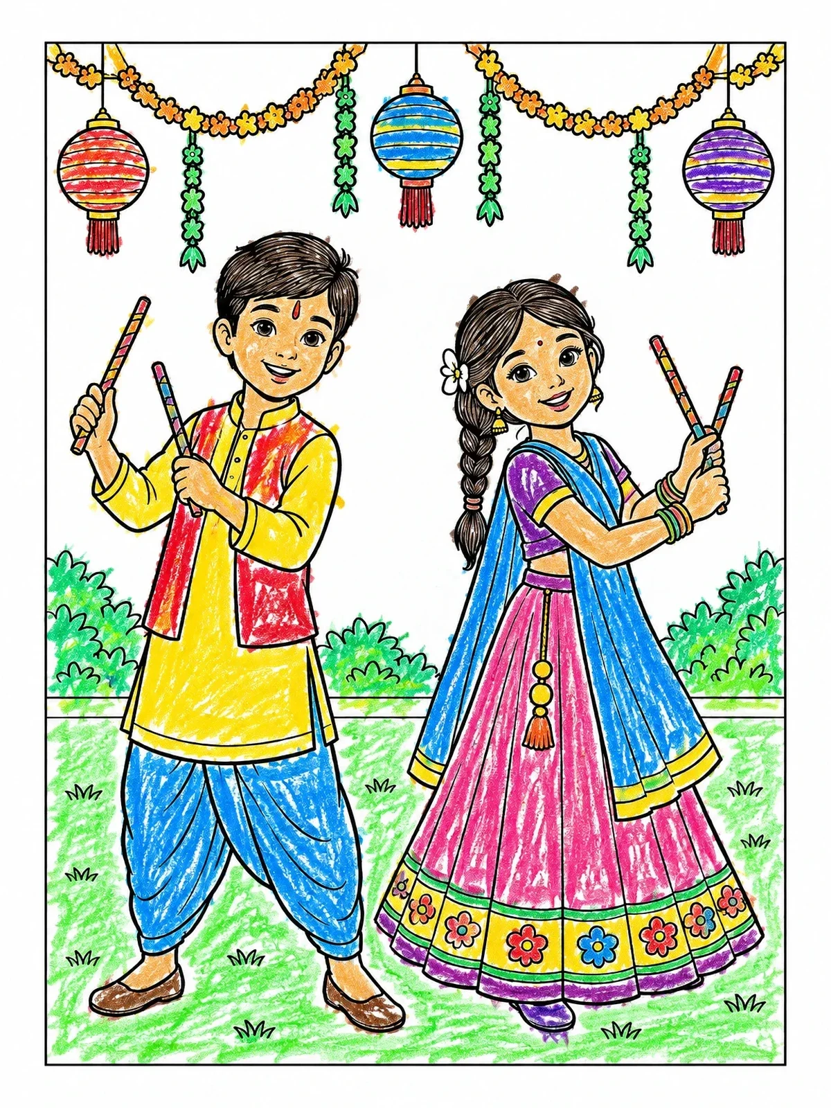 Colored example of the Children Celebrating Dandiya Dance coloring page