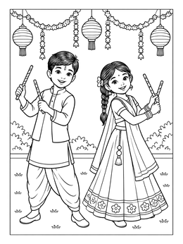 A navratri coloring page of a boy and girl holding dandiya sticks under lanterns and floral garlands.
