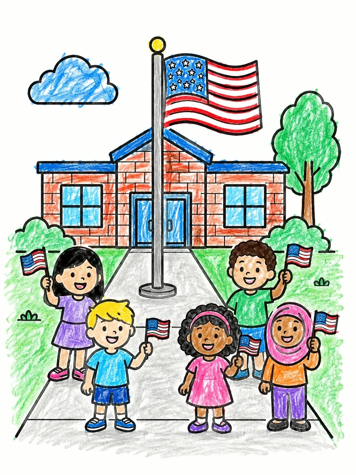 Colored example of the Children Celebrating Flag Day At School coloring page