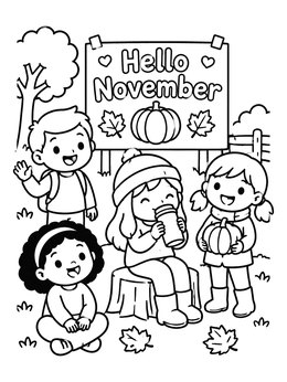 A cheerful hello november coloring page showing children with a warm drink and pumpkins outdoors.