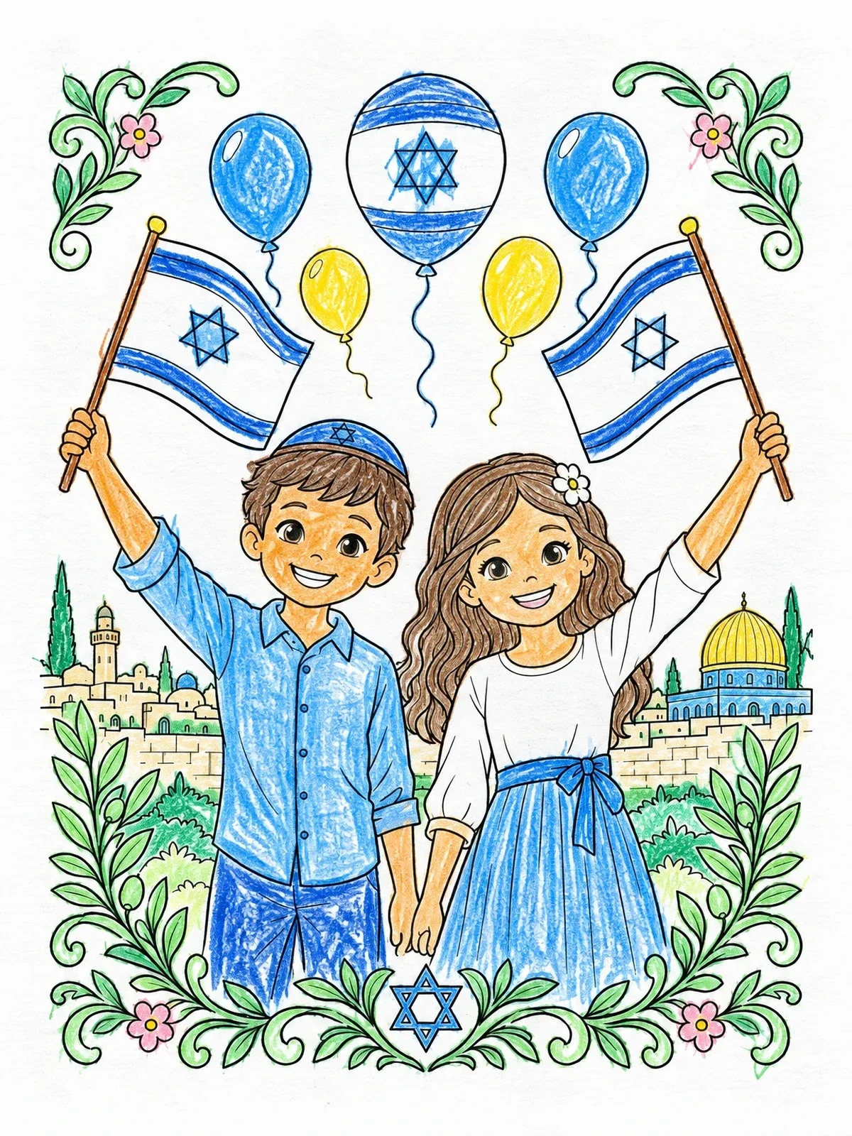 Colored example of the Children Celebrating With Israeli Flags coloring page