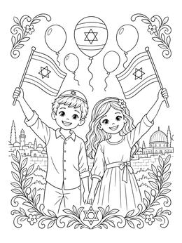 Boy and girl waving flags in this israel coloring page with Jerusalem cityscape.