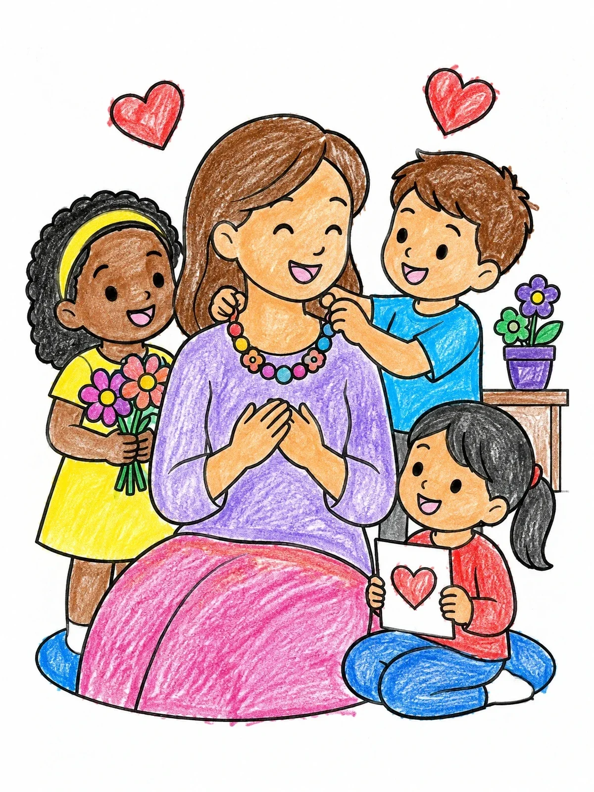 Colored example of the Children Celebrating Mother's Day With Gifts coloring page