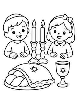 Free printable Children Celebrating Shabbat Dinner coloring page