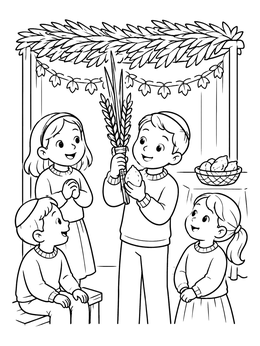 Free printable Children Celebrating Sukkot In Sukkah coloring page