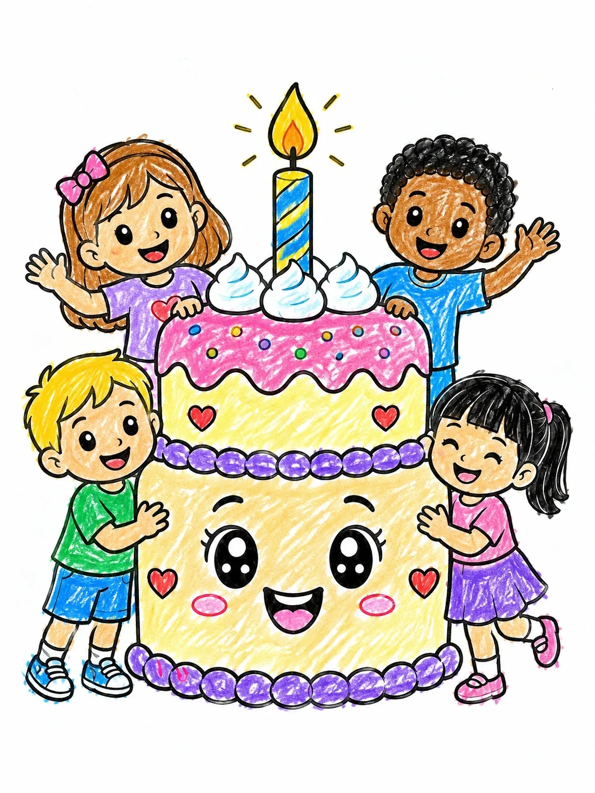 Colored example of the Happy Children Around Celebration Cake coloring page