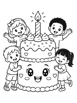 Happy children surround a giant smiling cake coloring page with a lit candle.