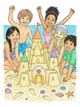 Draw Cheer Up Children Cheering Around Sand Castle Coloring Page