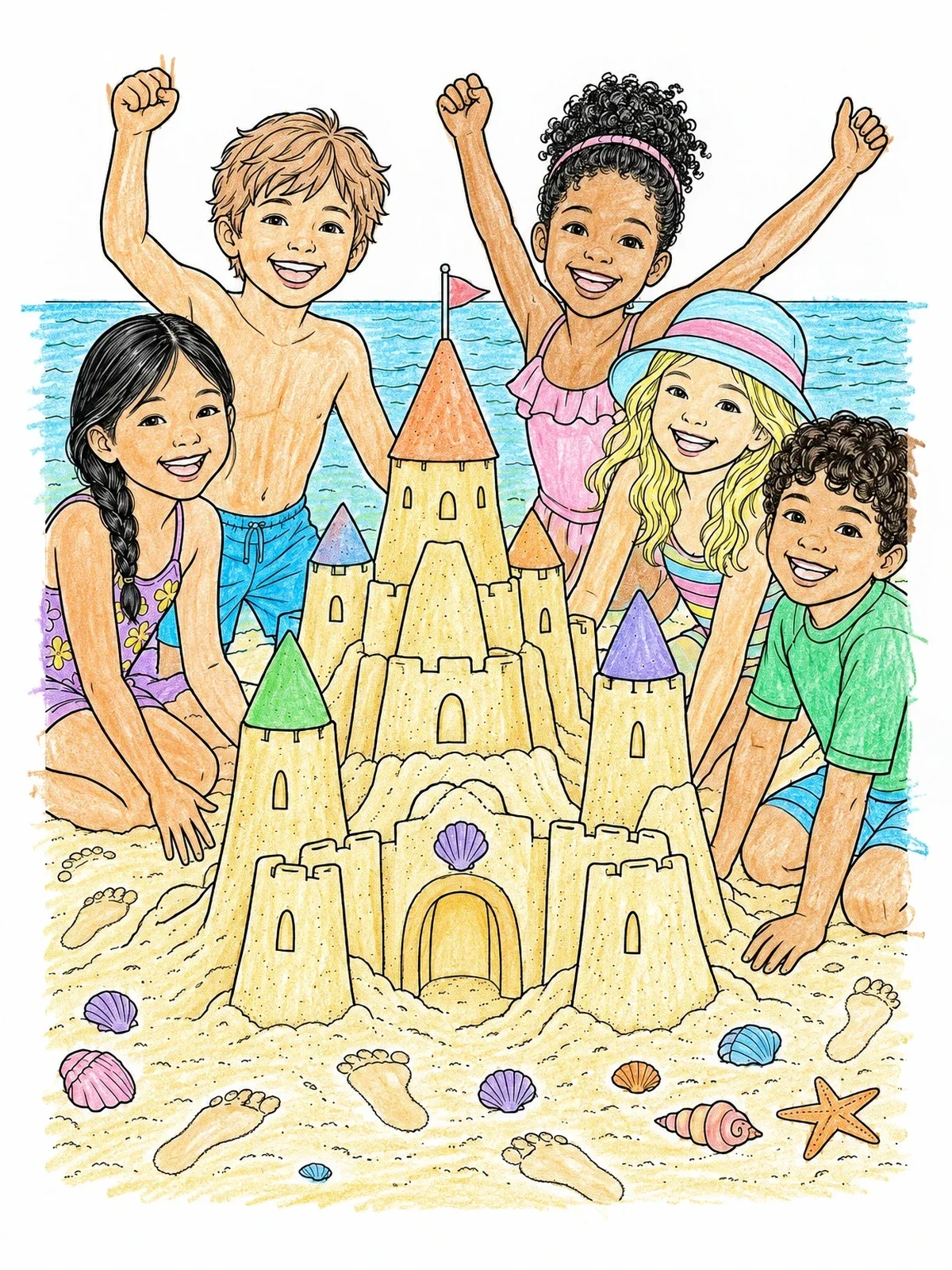 Colored example of the Children Cheering Around Sand Castle coloring page