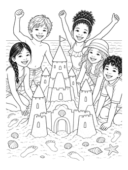 Happy children celebrate around a fortress in this detailed sand castle coloring page.
