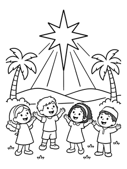 A cheerful christmas star coloring page featuring kids standing under a glowing star and palm trees.