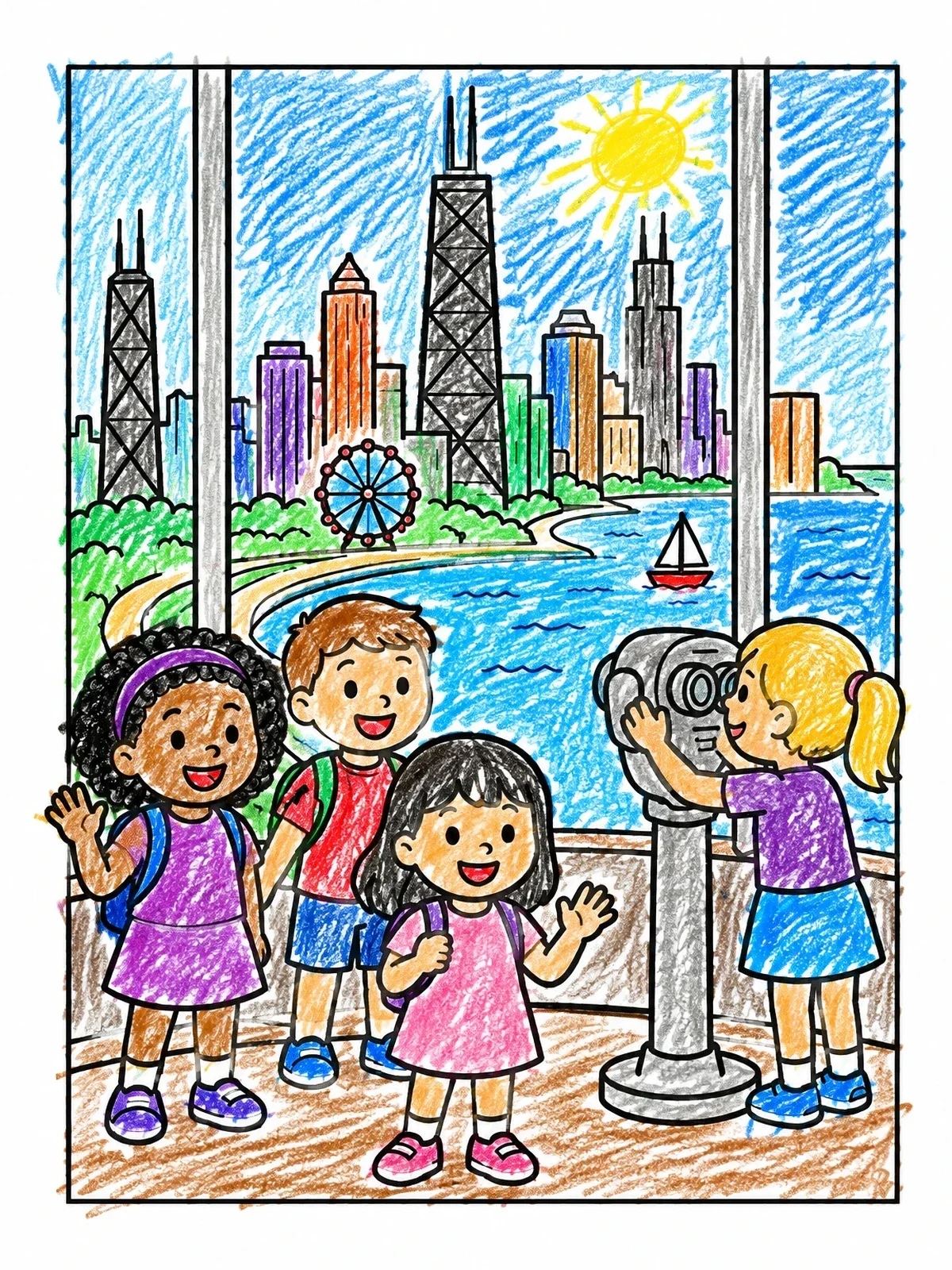 Colored example of the Children On An Observation Deck Overlooking Chicago coloring page