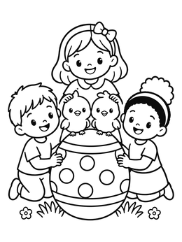 Happy children and cute chicks gather around in this easter eggs coloring page.