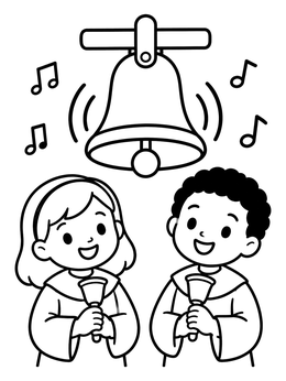 A cheerful choir bell coloring page showing two singing children holding handbells.