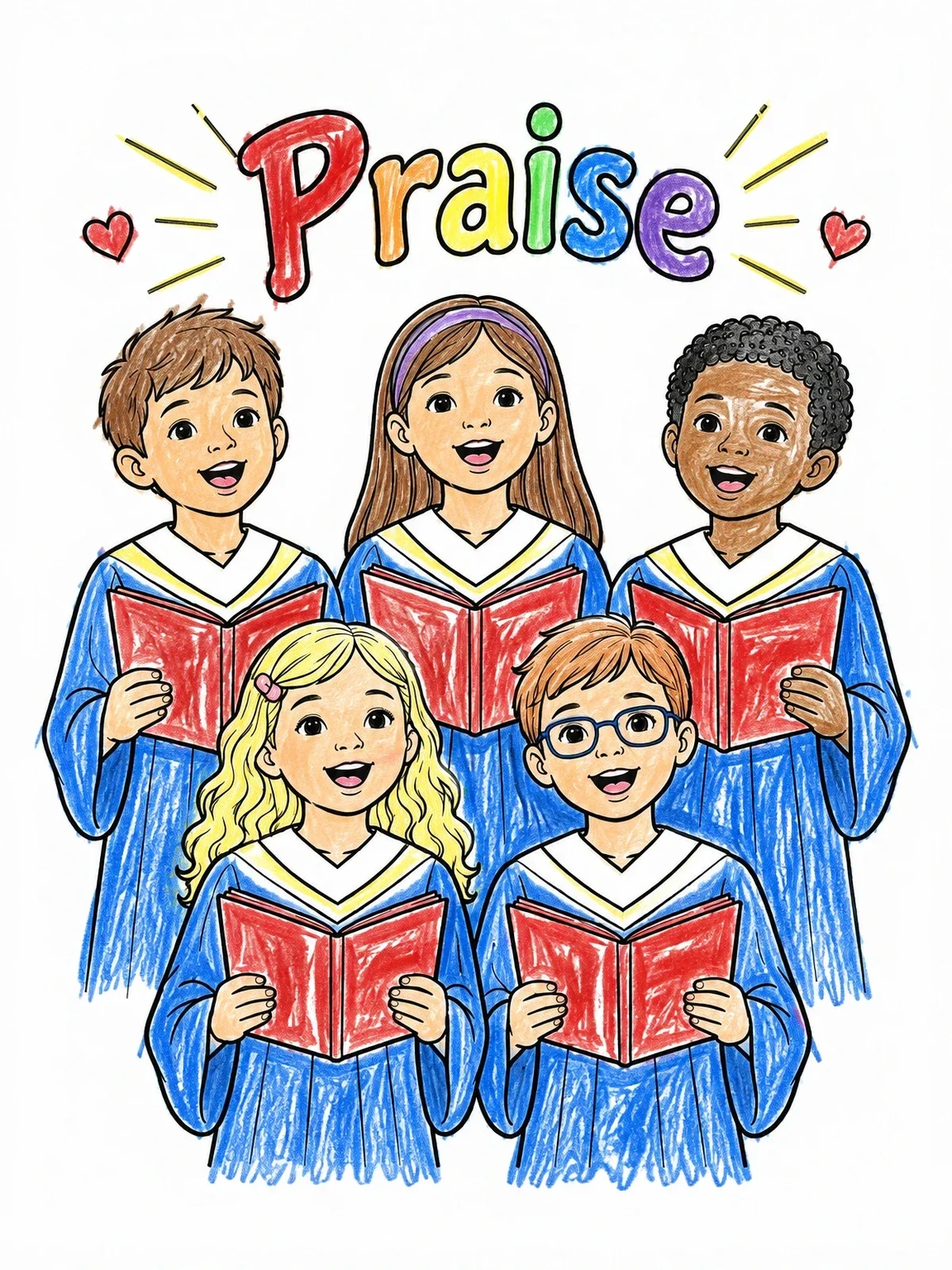 Colored example of the Children Choir Singing Praise coloring page