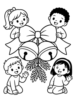 Free printable Children With Christmas Bow And Bells coloring page