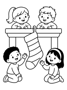 Free printable Children Admiring A Christmas Stocking coloring page