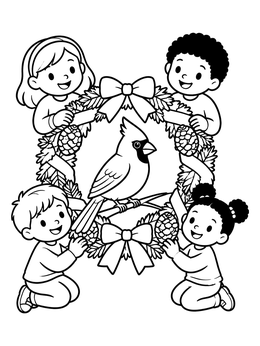 Free printable Children Holding Wreath With Cardinal coloring page
