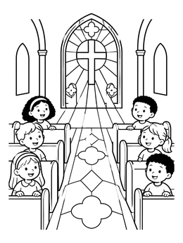 Free printable Children In Church With Sunbeams coloring page