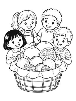 Happy kids gathering around a basket on this fruit coloring page.