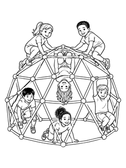 A lively playground coloring page featuring children climbing and hanging on a geometric dome.