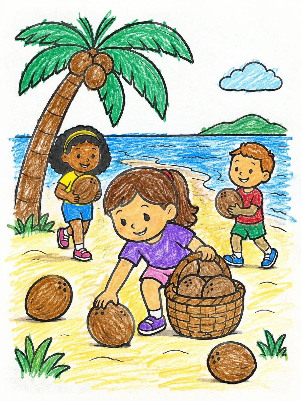 Colored example of the Children Collecting Coconuts On Beach coloring page