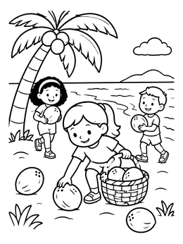 A cheerful coconut coloring page showing kids gathering fallen coconuts into a basket on the beach.