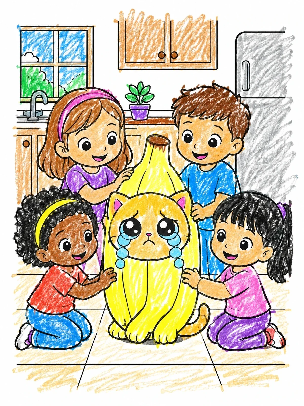 Colored example of the Children Comforting Crying Banana Cat coloring page
