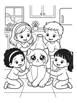 Four friendly children comforting a sad banana cat in this cute banana coloring page.