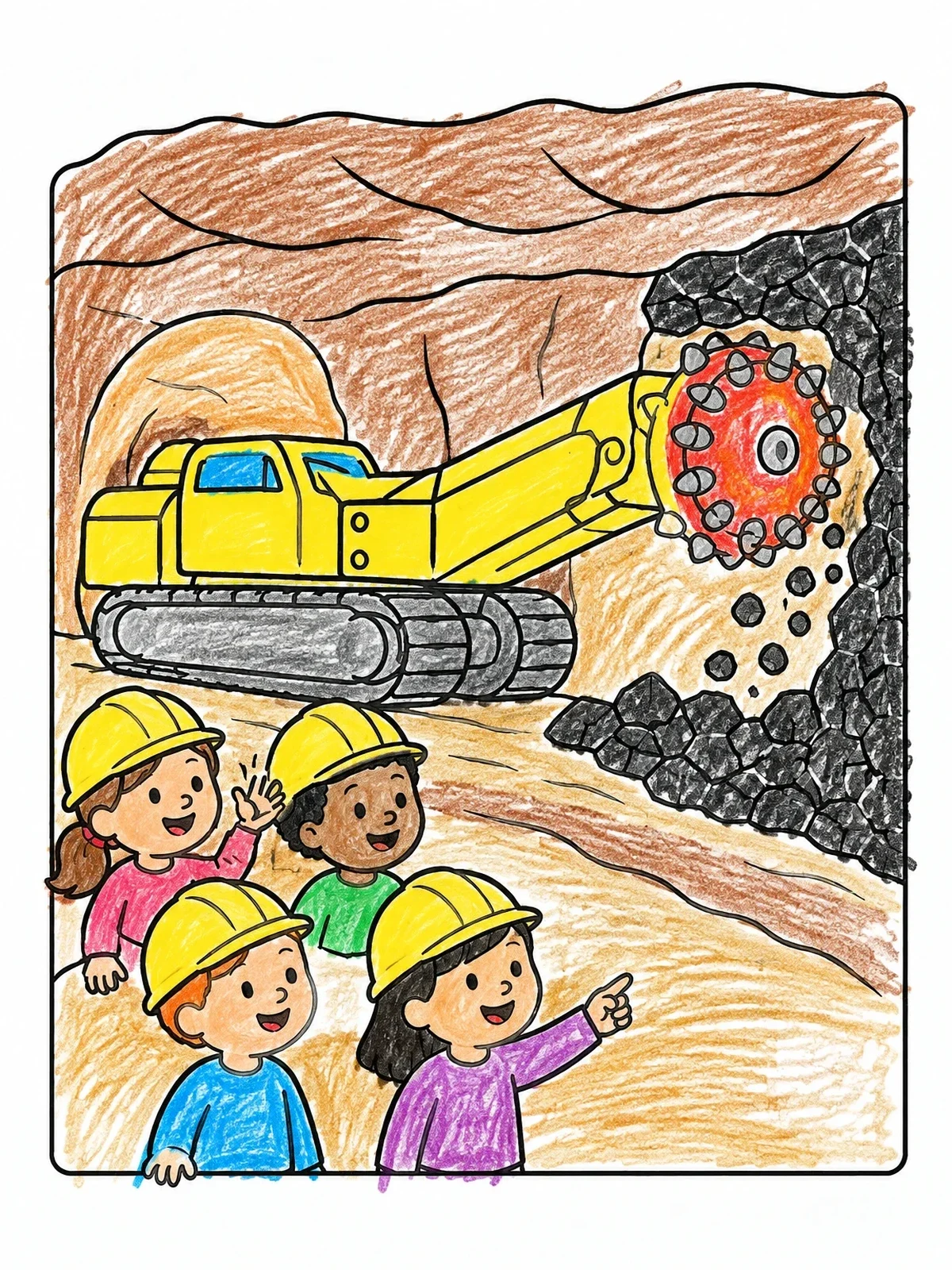 Colored example of the Children Watching A Continuous Mining Machine coloring page