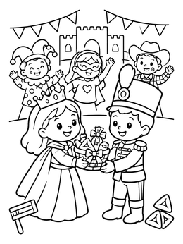 Costumed kids celebrate in this purim coloring page with treats and festive outfits.