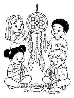 Free printable Children Crafting A Dream Catcher coloring page