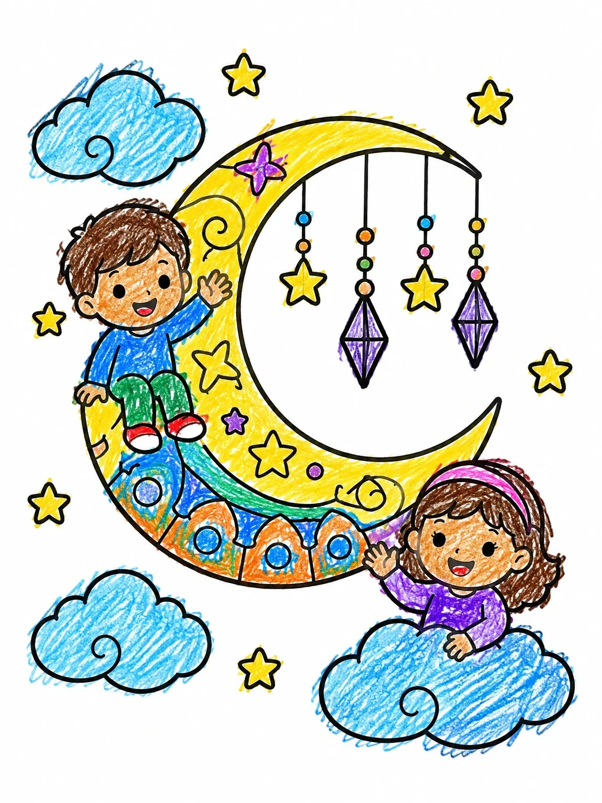 Colored example of the Children On Crescent Moon And Clouds coloring page