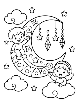 Free printable Children On Crescent Moon And Clouds coloring page