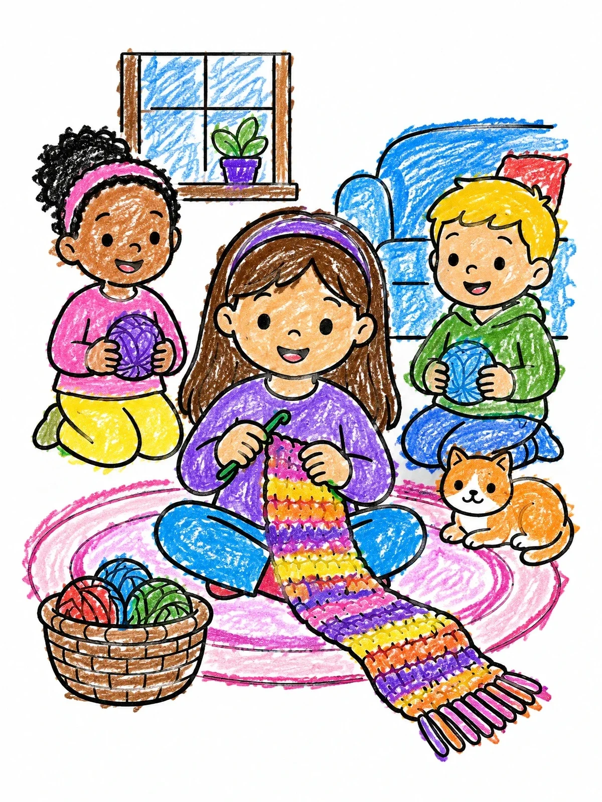 Colored example of the Children Crocheting Together On The Rug coloring page