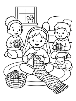Free printable Children Crocheting Together On The Rug coloring page