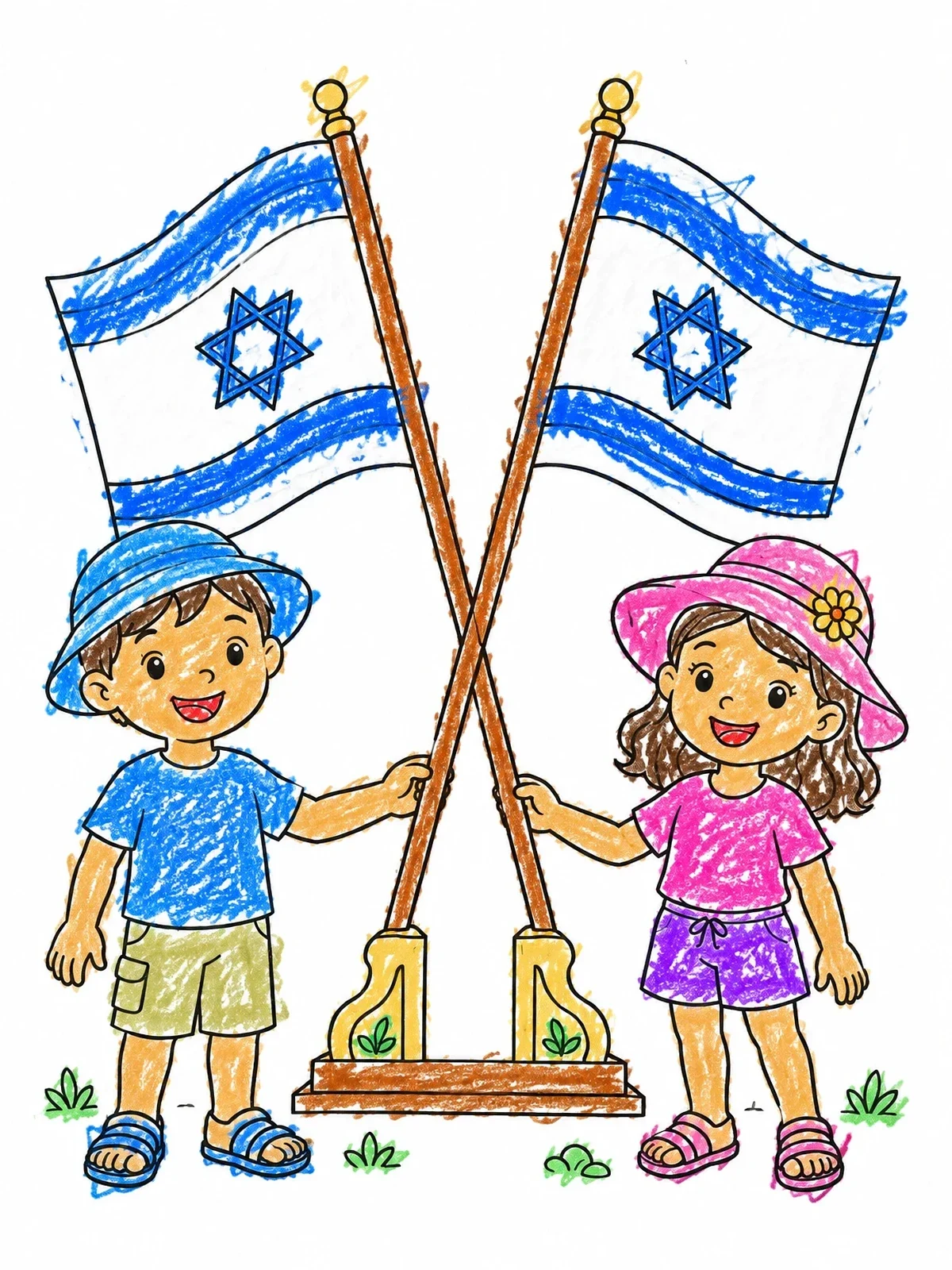 Colored example of the Children With Crossed Israeli Flags coloring page