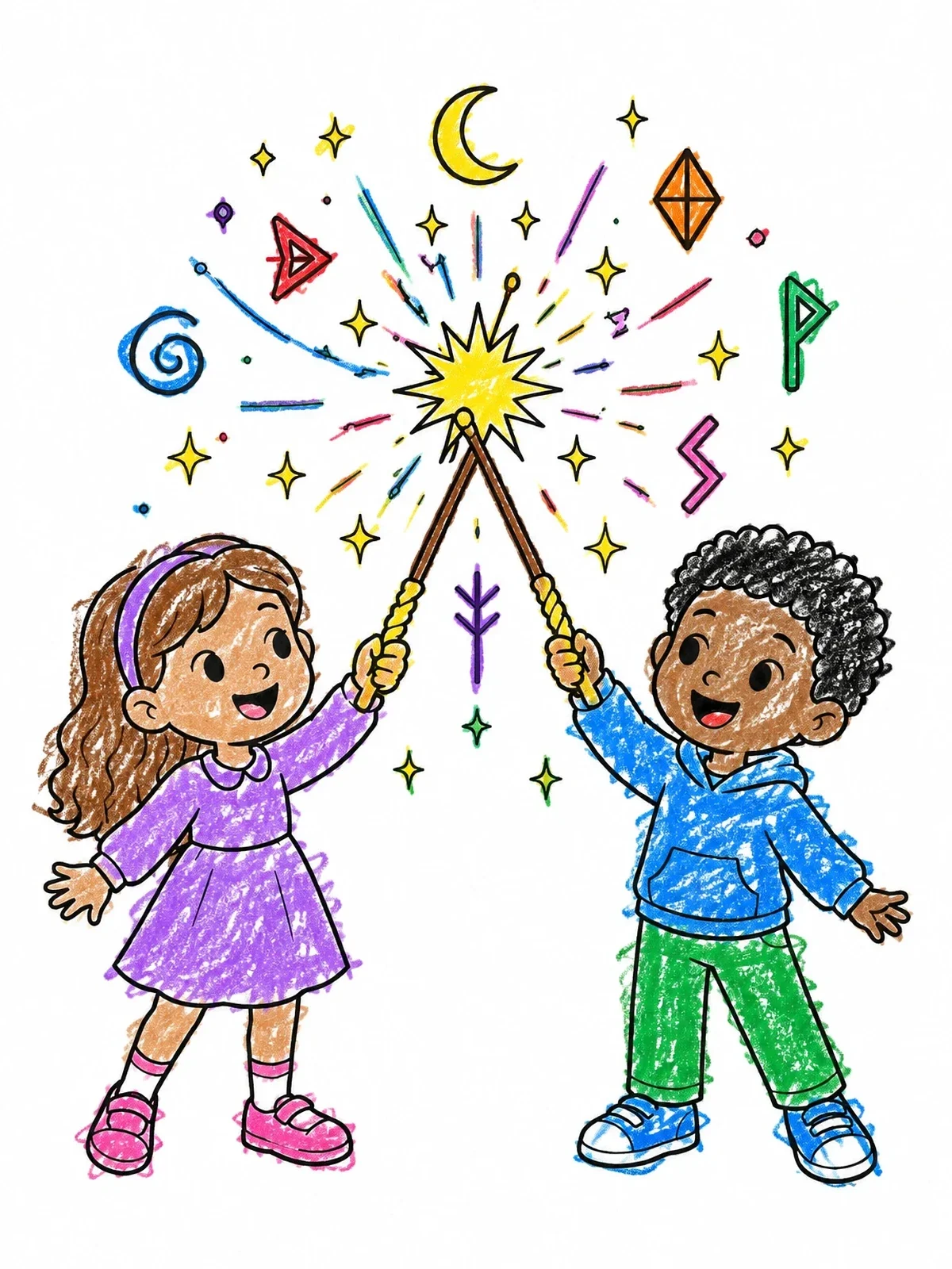 Colored example of the Children Casting Magic With Wands coloring page